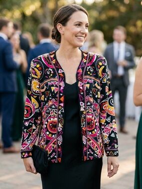 Vintage 90s Statement Jacket Multicoloured Print With Beads & Sequins on Black